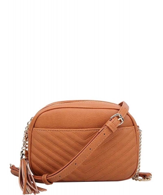 Fashion V Pattern Stitch Tassel Crossbody Bag WU-121 TAN